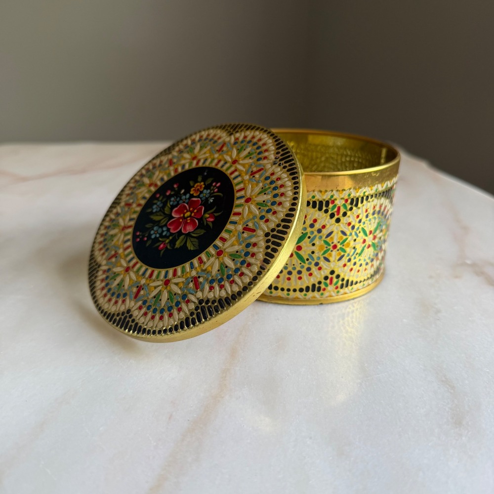 Vintage Made in Belgium Round Metal Tin Floral Embossed Decorative Gold Canister